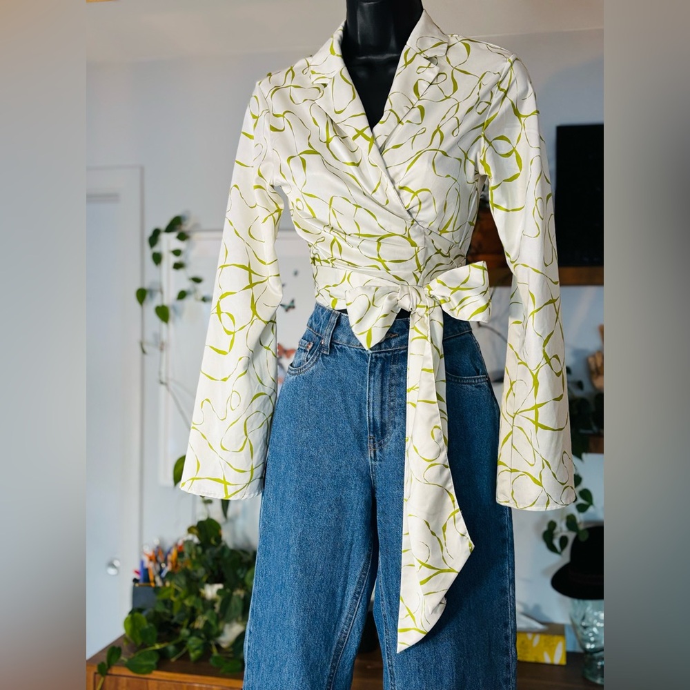 Dynamite-White and Green Wrap Blouse
